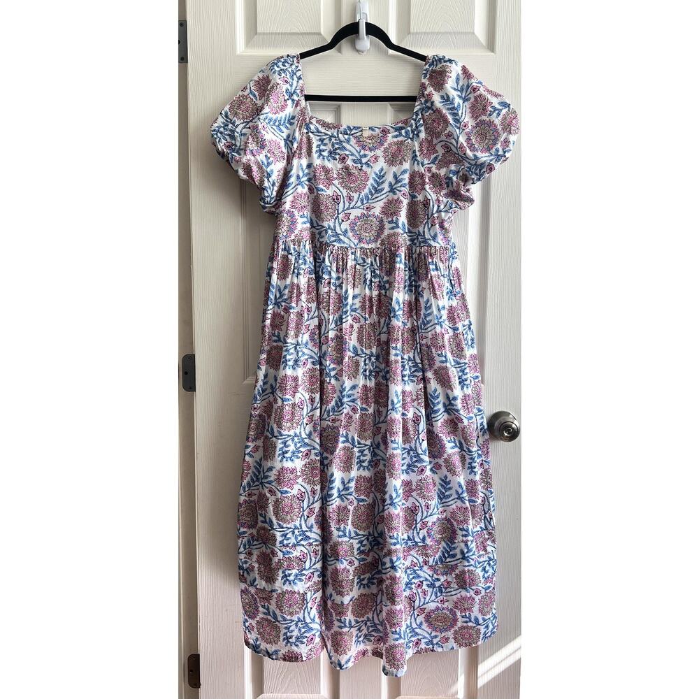 UNCLE FRANK 100% Cotton Pink Blue Floral Puff Sleeve Tiered Midi Dress Sz M